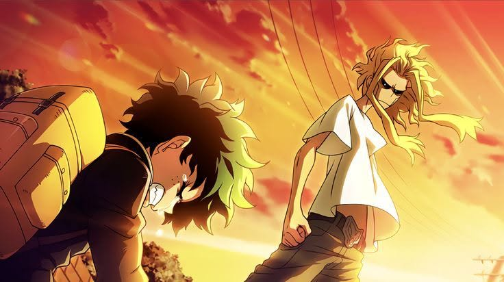Deku cúi đầu bên cạnh All Might trong ánh hoàng hôn