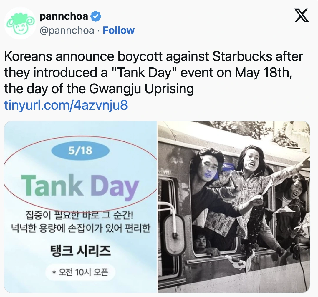 Bài đăng về lời kêu gọi tẩy chay Starbucks sau chiến dịch Tank Day ngày 18 tháng 5